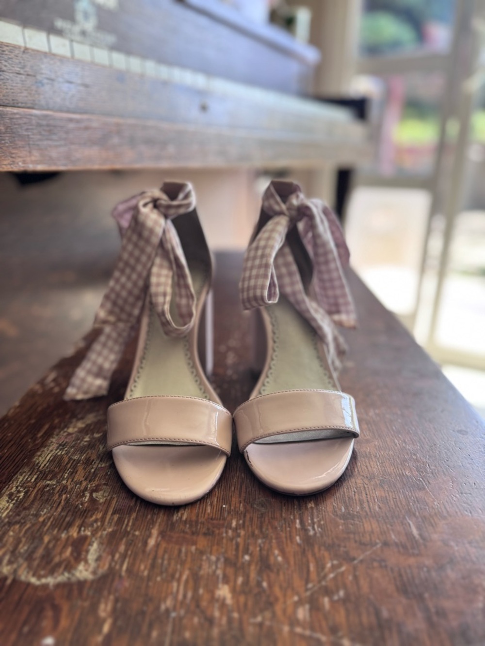 1901 Pale Pink Patent Block Heel Sandals with Gingham Ankle Ties